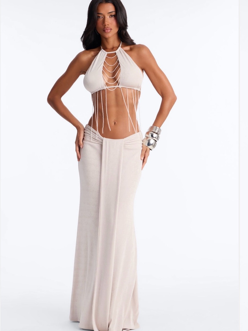 Fashion Nova Cream Halter Fringe Bikini Top & Maxi Skirt Set